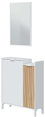 Habitdesign Ethna, Konsolentisch für den Eingangsbereich mit Spiegel, Arktisweiß und Natur, modernes Design, 77 x 24 cm