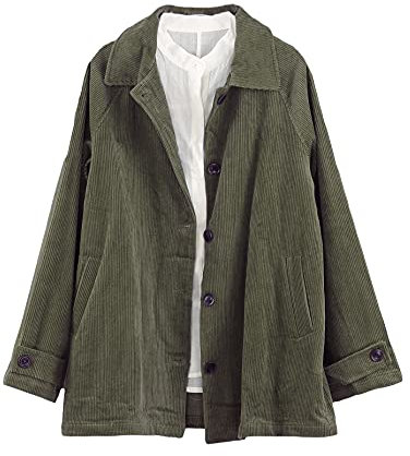FTCayanz Damen Bluse Jacke Cordjacke Herbst Hemdjacke Übergangsjacke Elegant Langarm Shirt Mantel Armeegrün L