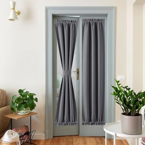 NICETOWN French Door Curtains for Kitchen Window, Faux Linen Rod Pocket Front Sidelight Room Darkening Thermal Curtains for Office 1 Panel (Charcoal Gray, 25 inch x 72 inch)