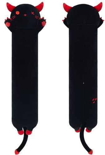 SNOWOLF Gefüllte Katze Teufel Lange Kissen Plüsch Tier Spielzeug Weiche Kawaii Stuff Kuscheltier Spielzeug Entzückende Umarmungskissen für Kinder (90cm, Schwartz)