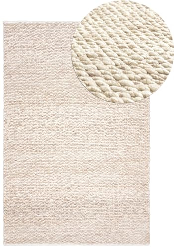 Mazovia Wollteppich - Natürliches Material Japandi, Handwebteppich Robust & Naturprodukt, für Wohnzimmer, Schlafzimmer, Esszimmer - Creme Beige Natur - 120 x 170 cm