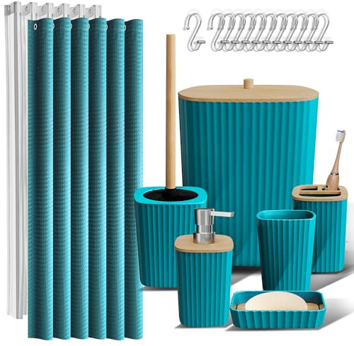 Clara Clark Bathroom Accessories Set - Bathroom Accessory Set with Shower Curtain Set, Toilet Brush, Trash Can & Soap Dispenser (Teal, Complete Set)