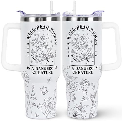 Book Lovers Gifts 40oz Tumbler with Handle and Straw Lid,Vacuum Insulated Leak Proof Tumbler bookish gifts for Women Readers Librarian,Book Accessories Stainless Steel Travel Mug,Well-Read Rose