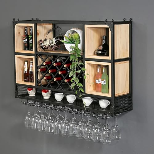 Wandmontiertes Weinregal, Weinregal, an der Decke hängender Weinflaschenhalter, schwebende Barregale, umgedrehter Kelchhalter, wandmontiertes Wein- und Glasregal aus Metall, Flaschenhalter aus Eisen