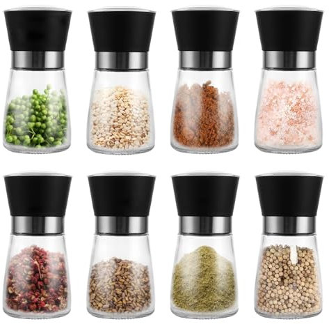 FWEEK Set de 8 salieres et poivrieres, moulin a poivre avec mécanisme de broyage en céramique réglable manuellement, 13.5X6.4cm Set transparent de moulin a sel pour différentes épices de sel et poivre