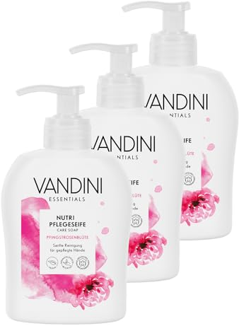 VANDINI 3x Nutri Flüssigseife Spender mit Pfingstrosenblüte Duft 300ml - Made in Germany Spender Seife vegan - Handseife flüssig reinigt sanft - Handwaschseife für gepflegte Hände - Hand soap