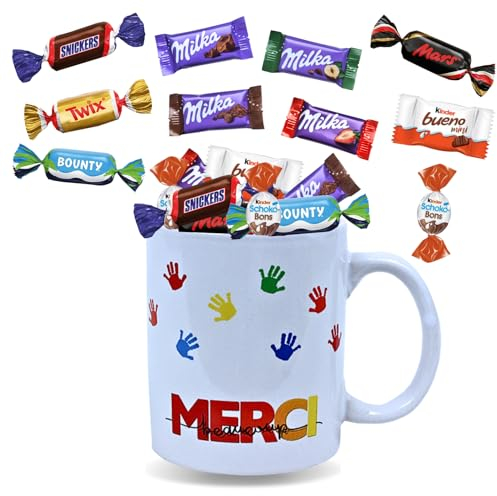 Tasse garnie d'un assortiment de 20 mini-chocolats MILKA, KINDER, CELEBRATIONS | Cadeau de fin d'année pour les maîtresses, maîtres, ATSEM, nounous