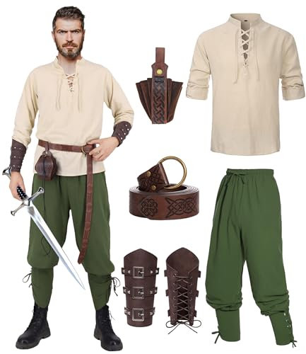 Mittelalter Hemd Viking Kostüm Herren Renaissance Viktorian Piraten Schnürhemd Fischerhemd Kriegerin Gothic Stehkragen Cosplay Top with Kniebundhose Männer Armschützer Steampunk Ritter Gürtel VL034M