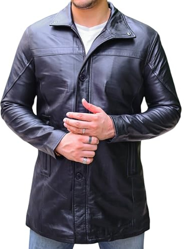 Jild Leather Trench Coat Men - 3/4 Length Casual Car Coat Style Lambskin Long Leather Jacket Men, Black Bristol, X - S