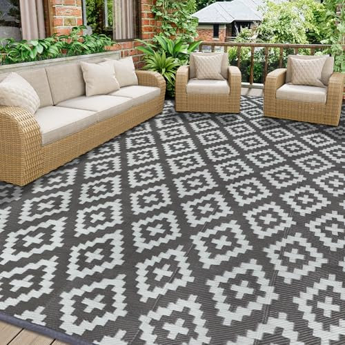 Homcomodar Outdoor Teppich für Patio Clearance 245x305cm UV-beständige Camping Matte Kunststoff Stroh Teppiche Patio Teppich Reversible Matten für BBQ Picknick Deck(Grau)