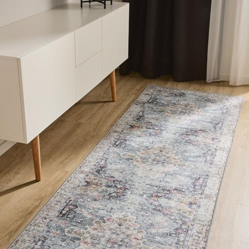 benuta Basic Waschbarer Teppich George - Blau 80x240 cm - Kunstfaser - Läufer & im Style: Vintage, Elegant, Retro - Pflegeleicht für Wohnzimmer Schlafzimmer Flur