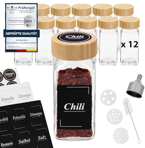 Gewürzgläser eckig leer mit Bambusdeckel VonBueren | 12 x 120 ml | Gewürzbehälter mit Streueinsatz | spice jars glas | Gewürzstreuer aus Glas
