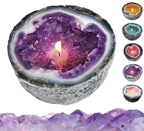 YURNB Geode Kerze, Kristall Energie Kerze, Amethyst und Rosenquarz Kristallkerze, Lustige Kerzenschalen, Kunstharz-Handwerk, Ideal als Wohnzimmerdeko, für Meditation und Positive Energie