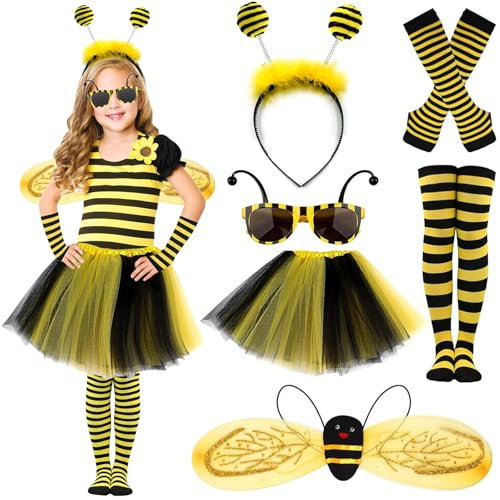 JRYBXS Bienenkostüm Kinder, Faschingskostüme Kinder, 8 Stück Biene Karneval Kostüm Kinder Mädchen Inkl Biene Haarreif Flügel Rock Handschuhe Brille Socken, Faschingskostüme Kinder Biene für Karneval