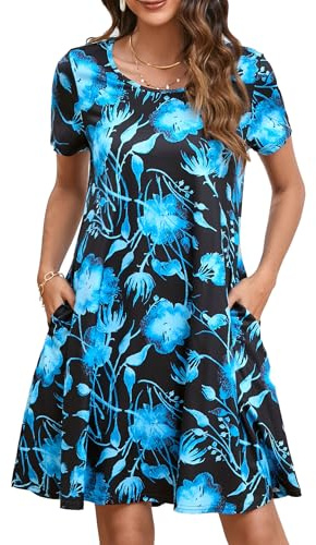Enmain Women's T-Shirt Dress Short Sleeve Summer Tunic Dress with Pockets Casual Boho Knee Length Dresses for Women UK