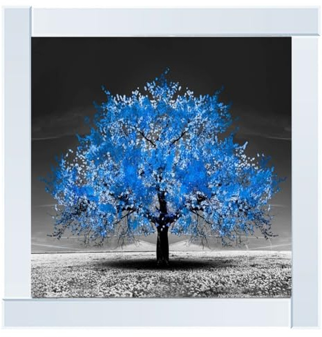 Biznest Blossom Tree Picture in Mirrored Frame Glitter 3D Wall Art Picture Glitter Liquid Art Home Decor 55x55Cm (Blue Tree)