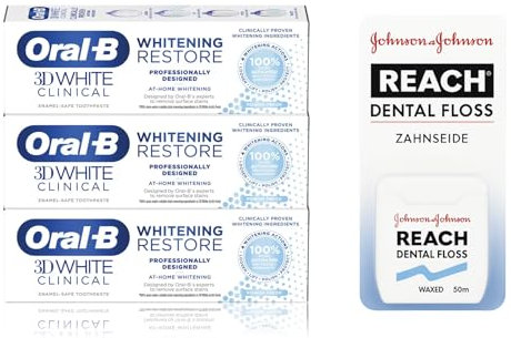 Oral-B 3D White Clinical Whitening Restore Toothpaste, Remove Surface Stains, Enamel-Safe Whitening Toothpaste, 70ml (Pack of 3) + Waxed Dental Floss, 50m