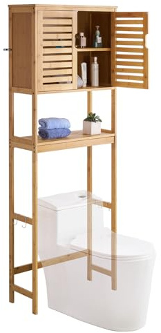 VEVOR Bamboo Over The Toilet Storage Cabinet, 68.9 in Height Bathroom Storage Organizer with Double Door & Inner Adjustable Shelf, Bathroom Space Saver Organizer Above Toilet with Open Shelf, Natural