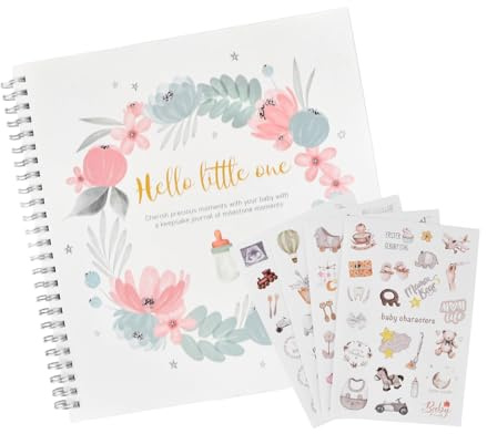 Mein Erstes Jahr Babyalbum mit 4 Stickern, 50 Seiten Babytagebuch,22,5×21cm Babybuch zum Selbstgestalten, Baby Memory Book für Mädchen und Junge