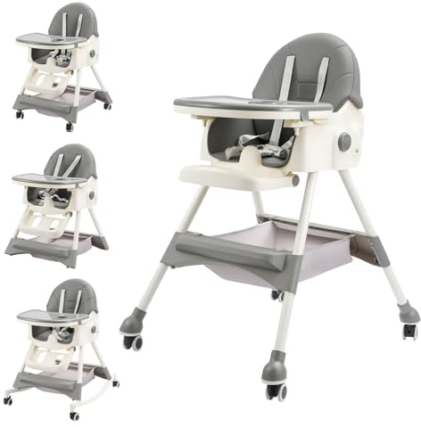 M.J COMFY-LIFE Baby High Chair 6 in 1, Convertible and Adjustable High Chairs for Babies and Toddlers with Removable Tray, Safety Harness, Footrest & Wheels, Suitable for 6 Months Plus, Grey