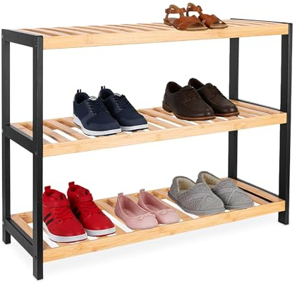 Relaxdays Schuhregal, HxBxT: 55 x 70 x 26 cm, Bambus, 3 Ebenen, 9 Paar Schuhe, Schuhständer Gitterablagen, Natur/schwarz