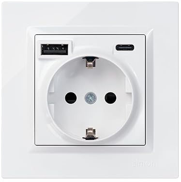 SIMON 10 Enchufe Schuko + 2 USB A+C 250V 16A Blanco | Carga USB 10,5W. Incluye marco, tapa y mecanismo.