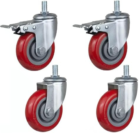 4 Lenkrollen mit Gewinde M16 × 30, verstärkte Schrauben, hohe Traglast 300–400 kg, mit Bremse, geräuscharm, PU-Drehgelenk, for Gerüste, Möbelwagen, Werkbänke, 3'', 4'', 5''(4in 2brake+2swivel)