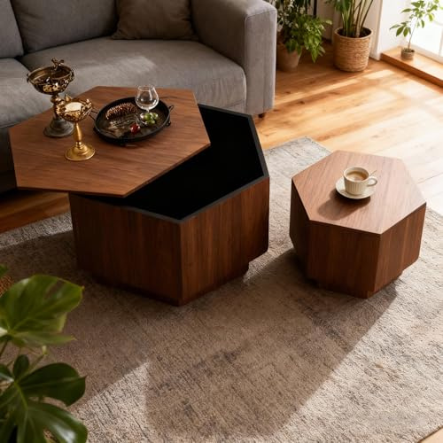 Lot de 2 tables basses gigognes hexagonales en noyer avec rangement, tables d'appoint centrales modernes du milieu du siècle avec pieds antidérapants pour salon, ferme, appartement, bureau