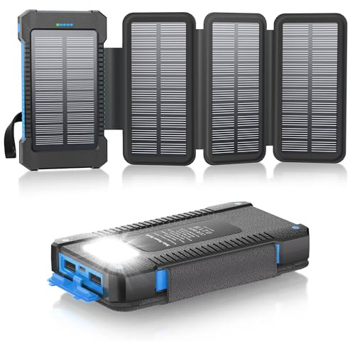 Solar Powerbank 26800 mAh, Powerbank USB-C 18W Schnellladung für iPhone Samsung und mehr, IPX7 wasserdichte Outdoor Externe Akkus mit Taschenlampen-Dauerlicht/SOS/Stroboskop (Blau)