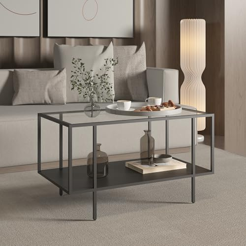 [en.casa] Glastisch Wohnzimmer Nynna Couchtisch Sofatisch rechteckig 90 x 50 x 50 cm Beistelltisch mit unterer Ablage Metalltisch Schwarz