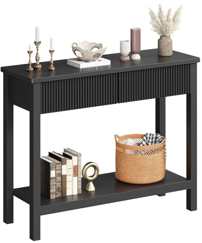 HOOBRO Table d’Entrée de 100 cm, Console Meuble Étroite avec Tiroir à Motifs Ondulés, Table de Canapé à 2 Niveaux, Présentoir, Derrière Le Canapé, pour Entrée, Hall, Salon, Noir EBK89XG01N1