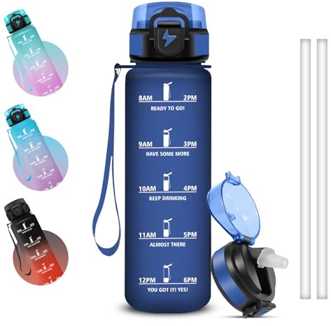 Grsta Trinkflasche 1l, Sichere Verriegelung, Wasserflasche Auslaufsichere, Mit Zeitmarkierung und Schnürung, Trinkflasche Sport mit Strohhalm für Schule, Arbeit, Fahrrad