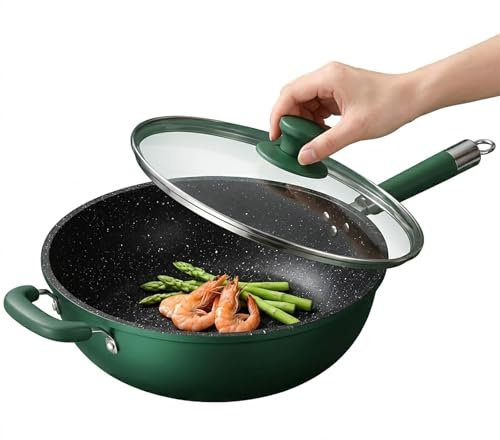 34cm Non Stick Wok with Lid,Large Induction Wok Pan for Gas & Electric | Glass Lid Included,Deep Stir Fry Pan for Healthy Family Cooking,for 4-6 People,Easy Clean Fine Iron Wok,Green