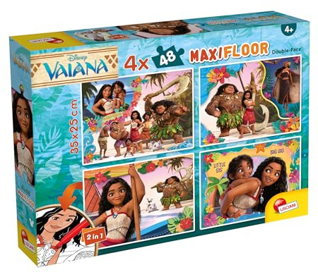 Lisciani - Disney Vaiana Puzzle Set - 4 x 48 Teile für Kinder ab 4 Jahren - Doppelseitige Puzzles zum Ausmalen - Format 35 x 25 cm - Disney Vaiana - Feinmotorik und Beobachtung