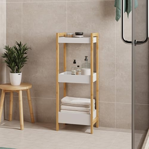 [en.casa] Badregal Anun Küchenregal mit 3 Ablagekörben 75 x 28 x 20 cm Standregal Nischenregal aus Bambus Regal schmal für Badezimmer Küche Büro Natur/Weiß