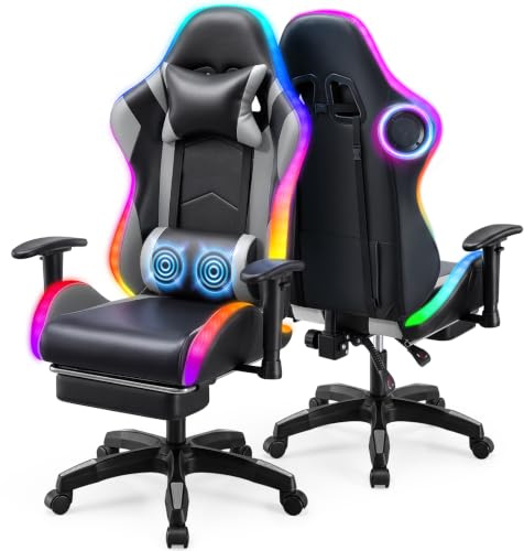 Warmiehomy RGB Gaming Chair with LED Lights and Bluetooth Speakers, Ergonomic Reclining Gaming Chair for Adults with Footrest,Video Game Chair with Adjustable 2D Armrests and Massage, High Back, Grey