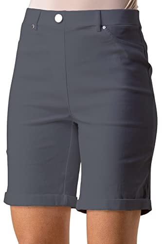 Roman Originals Stretch Shorts for Women UK Ladies Pull On Turned Hem Cut Off Bengaline Mom Boyfriend Boy Denim Casual Cropped Pants Capri Slim Fit Turn Up Summer Crops Mother - Dark Grey - Size 14