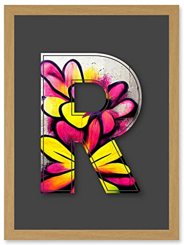 Wee Blue Coo Letter R Yellow Pink Flower Decorative Graffiti Mural Alphabet Initial Stencil Artwork Framed Wall Art Print A4