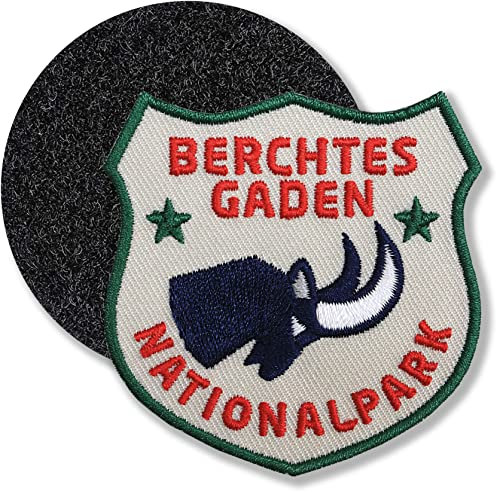 Klettpatch - Berchtesgaden gestickt 60 x 61 mm/Nationalpark Steinbock Alpen Berge Bayern Königssee/Klett-Patch Patch Patches Klett Abzeichen auf Kleidung Rucksack/Beige