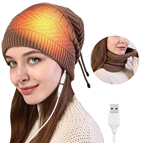 YJZQ 2-In-1 USB Beheizte Strickmütze Damen Beanie Mütze Herren Wintermütze Wiederaufladbare USB Winter Warme Fliegermütze Kappe zum Camping Joggen Radfahren Skifahren und Geschenke für Männer Frauen