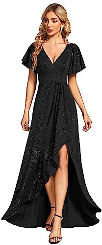 Ever-Pretty Evening Dress Women's Deep V-Neck High Slit Ruffles Sleeves A-Line Party Prom Dress Black 16UK