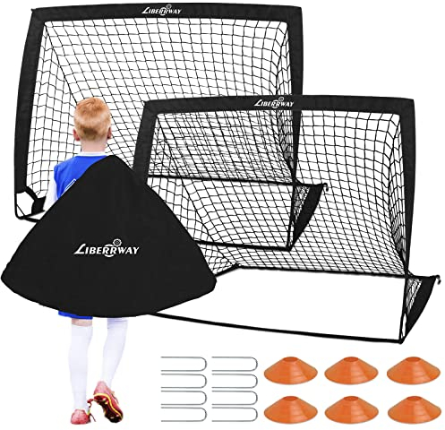 Fussballtore für Garten Kinder, Faltbare Fußballtore 2er Set mit 6 Hütchen & Tasche verstauen, LIBERRWAY 120 * 90 * 90cm kleine Fussball-Tor Leichter aufbau, Fußball trainingsset für Wiese/Strand