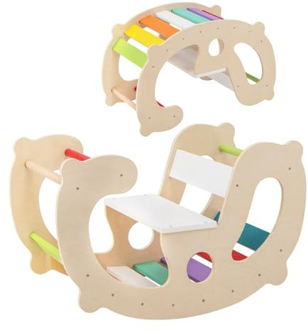 Maxmass 2 in 1 Toddlers Climbing Frame, Wooden Climber Arch Rocker with Backrest & Seat, Indoor Montessori Toy Kids Rocking Horse for 1+ Years Old