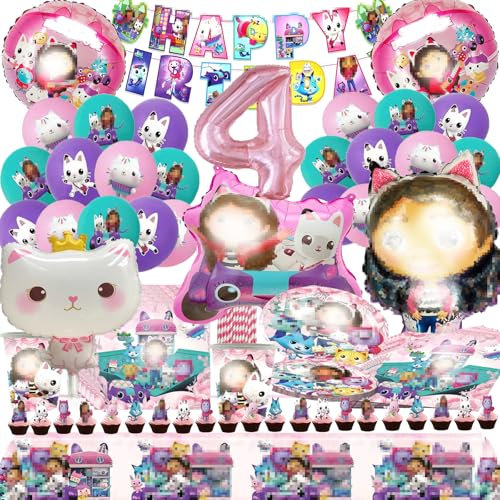 Bemoseng 102 PCS Decoration Anniversaire Baby Chat 4, Deco Anniversaire,Vaisselle de Fête D'anniversaire de Dessin Animé Chat, D-ecoration A-nniversaire,Fête Assiettes Gobelets Serviettes