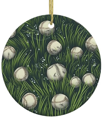WHJDPP Baseball auf Gras Muster Weihnachtsbaum Keramik Hängender runder Anhänger mit einer goldenen Drahtschnur zum einfachen Aufhängen