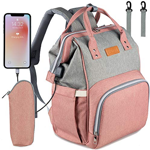 NEVEQ Baby Wickelrucksack, Babytasche für Reise, Wickeltasche Große Kapazität, Multifach Reise Rucksack Wasserdicht Fächer Babyflaschehälter (Grau und Pink)