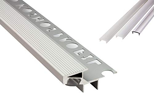 T-40 20° LED Alu Fliesenprofil Treppenprofil Stufen 12mm silber + Abdeckung Abschlussleiste Fliesen für LED-Streifen-Strip 2m milky