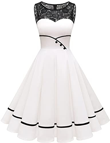 Bbonlinedress Robe de Soirée Cocktail Vintage Femme Années 50s 60s Style Audrey Hepburn pour Fête Mariage Bal Promo Baptême Gala Ligne A Pin Up Ivory M