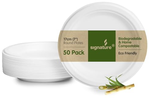Signature Packaging 50 piatti rotondi in bagassa, molto rigidi, biodegradabili e usa e getta, alternativa ecologica, senza plastica, 18 cm