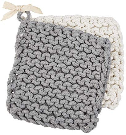 Mud Pie Set di 2 supporti per pentole all'uncinetto grigi e bianchi